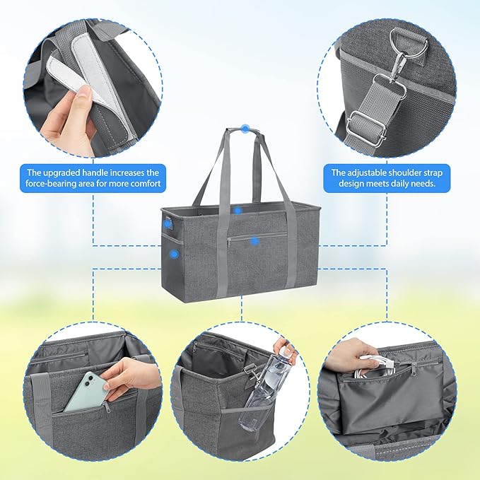 GARPROVM Extra Large Grocery Tote Bag, 42L Reusable Grocery Bags, Foldable Shopping Bag Beach Bag Shopping Basket Utility Tote with Metal Frame Removable Shoulder Strap Bottom, 22"x9.8"x11.8"