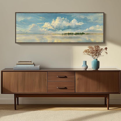 Framed Blue Landscape Canvas Wall Art, Sky Cloud Artwork for Walls, Horizontal Nature Scenery Painting Prints for Living Room, Bedroom, Home Office Wall Decor 16x48 Inch