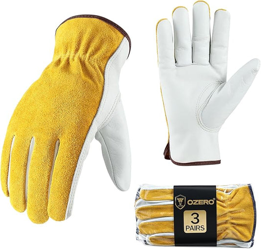 OZERO Leather Work Gloves for Men & Women, 3 Pairs Genuine Cowhide Garden Gloves, Lab Tested EN388 2143X, Flexible Grip, Breathable Unlined Comfort, Elastic Wrist (Gold/Light Cyan, X-Large)