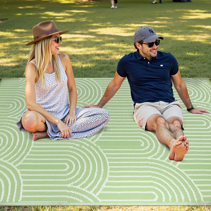 Anidaroel Rainbow Patio Rugs Outdoor 8’X10’ Waterproof, Reversible Camping Rug for Outside RV, Portable Plastic Straw Outdoor Area Rug for Backyard, Garden, Pool Deck (Green, 8‘X10')