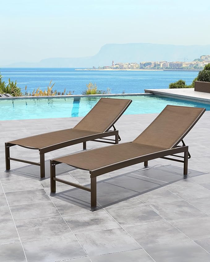 Crestlive Products Lounge Chair Outdoor Set of 2, Aluminum Pool Chaise Lounge Chairs, Adjustable Five-Position Tanning Recliner, All Weather for Patio, Beach, Yard, Pool (Brown)