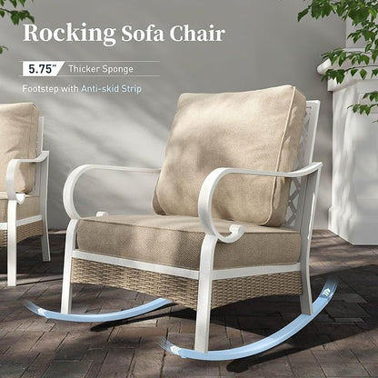 4 PCS Metal Outdoor Patio Furniture Set, Patio Conversation Set 1 3-seater Sofa, 2 Rocking Chairs with 5.75" Extra Thick Cushion and Coffee Table, White Frame Backyard Furniture, Beige