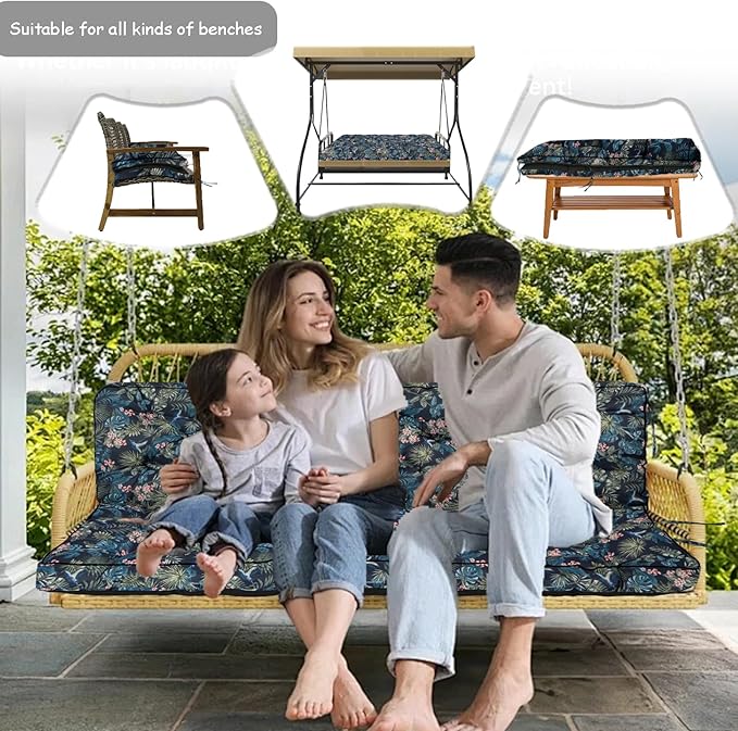 Porch Swing Cushion Three Seat, Waterproof Swing Cushions Replacement with Backrest, Outdoor Garden Furniture Patio 4" Thickened Cushions with Ties (Hummingbird, 40 x 63in)