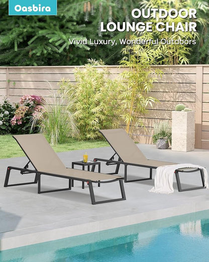 Aluminum Chaise Lounge Chair Outdoor, Foldable& No Assembly Patio Pool Lounge Chairs 5-Position Recliner for Outside, Fully Grounded Legs Sun Lounger for Poolside, Khaki