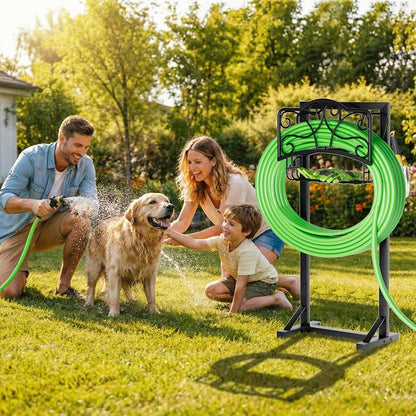 Heavy-Duty Garden Hose Holder with Storage Basket and Tool Hooks, XEAPOMS Stable Hose Hanger Metal Garden Hose Storage Holds 160Ft, Rustproof Freestanding Water Hose Holder for Outside,Yard,Lawn,Farm