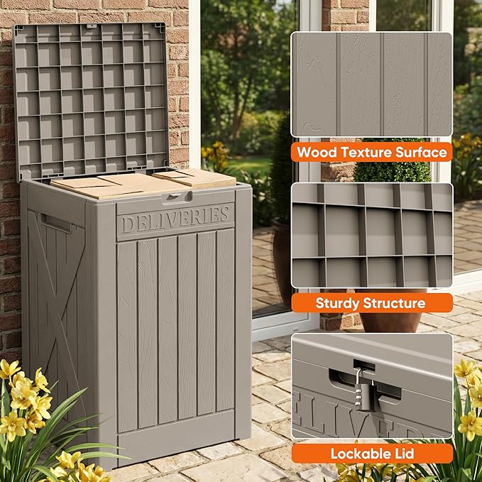Flamaker 50 Gallon Deck Box, Package Delivery Box for Outside, Outdoor Package Drop Container for Gifts, Waterproof Plastic Storage Container with Lockable Secure for Porch (Brown)