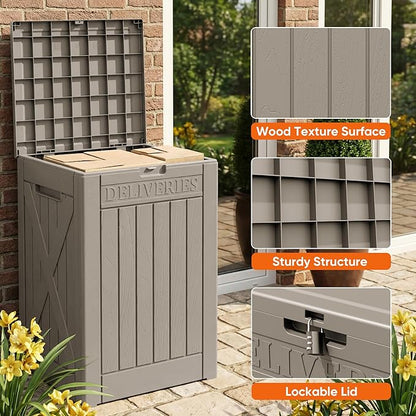 Flamaker 50 Gallon Deck Box, Package Delivery Box for Outside, Outdoor Package Drop Container for Gifts, Waterproof Plastic Storage Container with Lockable Secure for Porch (Brown)
