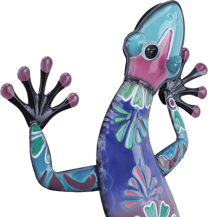Deco 79 Metal Lizard Indoor Outdoor Floral Patterned Wall Decor with Purple and Teal Accents, 18" x 3" x 33", Blue