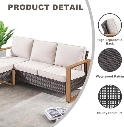 Rilyson Outdoor Wicker Patio Furniture Set - 6 Piece Patio Conversation Set with 2 Wicker Swivel Rocker Chairs,2 Rattan Ottoman,1 Side Table and 1 Couch,Thick Cushions,Deep Seating(Brown/Beige)