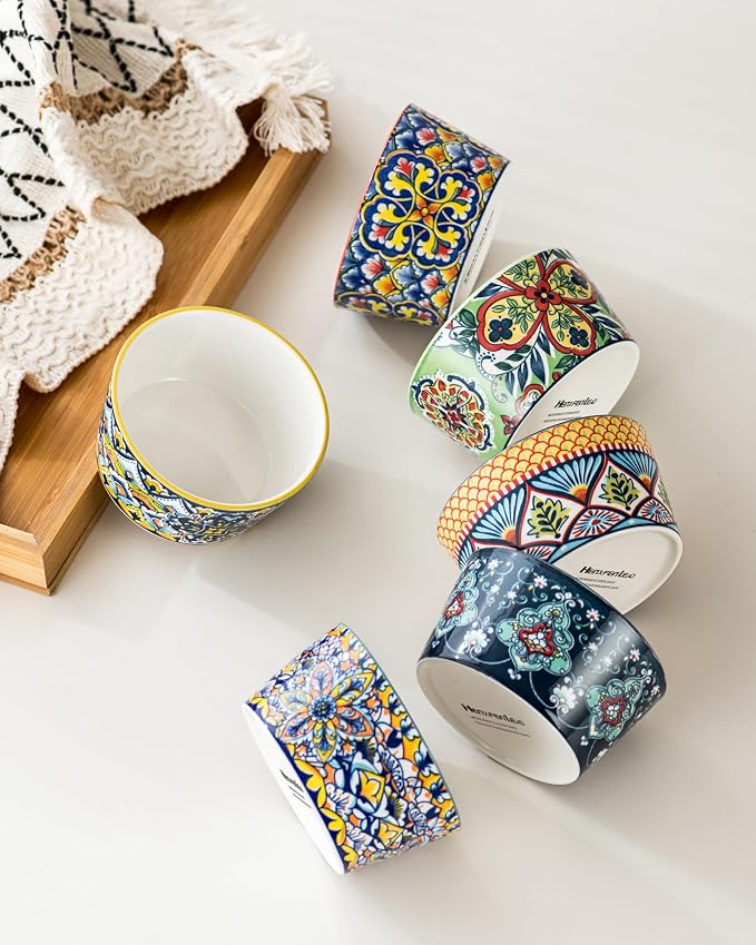 6 oz Ceramic Ramekins Set of 6, Boho Baking Cups & Dessert Dishes | Oven Safe, Ideal for Crème Brûlée, Soufflés, Custards, Puddings, Lava Cakes & Everyday Baking