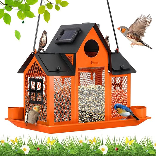 YYWMWM Solar Bird Feeders House for Outside Hanging, Metal Wild Bird Feeder for Outdoors, Large Cardinal Bird Feeder Birdhouses Orange