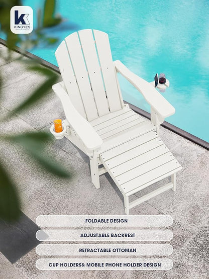 KINGYES Folding Adjustable Adirondack Chair with Ottoman & 2 Cup Holders Set of 2, HDEP Multifunctional Adirondack Chair with Footrest, White