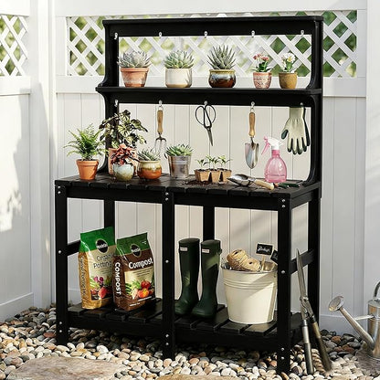 Outdoor Potting Bench with 3 Tier, All-Weather Patio Potting Table with Tool Hooks, HDPE Gardening Table for Backyard, Garden, Black