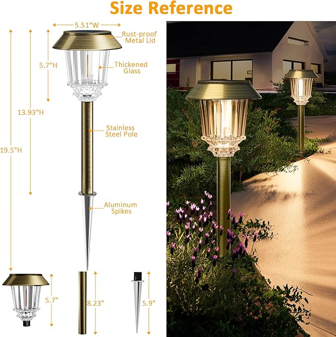 XMCOSY+ Solar Pathway Lights Waterproof - 6 Pack Solar Lights Outdoor, 10-40 LM Dimmable Outdoor Solar Light for Yard Pathway Garden Driveway Walkway (Bronze)