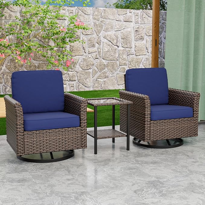 Canyon Ridge 3 Piece Outdoor Patio Bistro Set with Swivel Rocking Chairs and Side Table, Outdoor Furniture Set, Brown/Blue