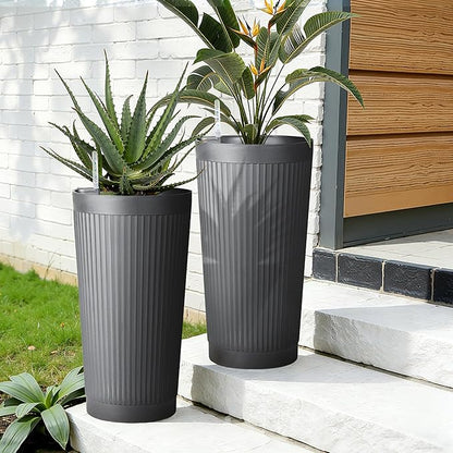 TUYOHW Self-Watering 24in Plastic Round Planter with Vertical Ribbed Design – Indoor Outdoor Flower Pot for Plants, Herbs, and Small Trees, Set of 2