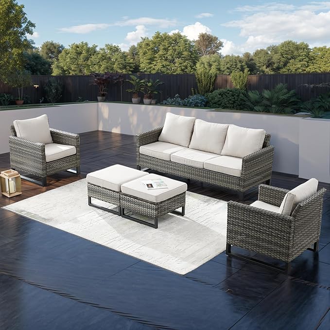 Rilyson Wicker Outdoor Patio Furniture Set - 5 Piece Patio Conversation Set with 2 Wicker Armrest Chairs,2 Rattan Ottoman and 1 Couch for Outside Porch Deck Backyard Garden(Mixed Grey/Beige)