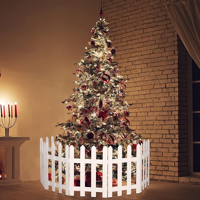 RUODON 12 Pack Thick Christmas Tree Fences White Wooden Picket Fences Tree Fence Border Decoration for Xmas Wedding Party Decor Garden Home, 15.7 x 12 Inches