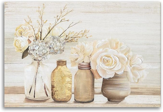 Farmhouse Floral Wall Art for bathroom, Flower Rustic Wood Board Canvas Wall decor Art hand paint Paintings Country Flower Pictures Posters Prints Artwork for living room Bedroom kitchen, 16L X 12W