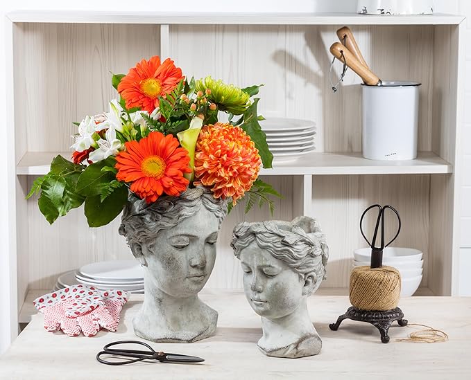 Abbott Collection Goddess Head Planter – Small Cement Indoor and Outdoor Planter Pot – Grecian Woman Statue Head Planter for Flowers and Succulents (Grey, 8.5" Tall, 3.5" Opening)