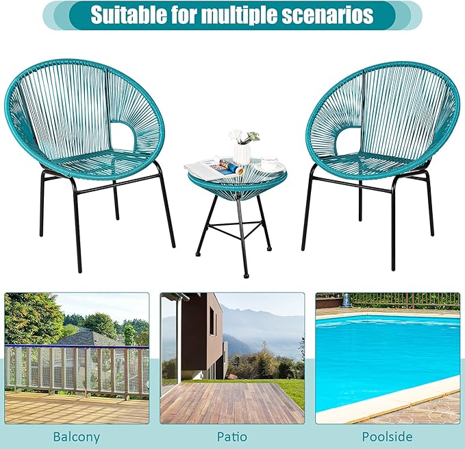 COSTWAY 3-Piece Outdoor Acapulco Chair Set, Wicker Conversation Bistro Sets with Plastic Rope, Glass Top Table, Patio Rattan Furniture Set for Garden, Balcony, Lawn, Backyard, Apartment, Turquoise