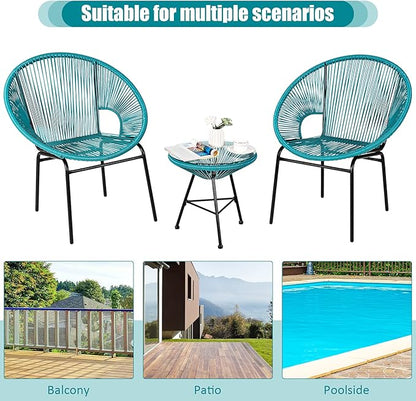 COSTWAY 3-Piece Outdoor Acapulco Chair Set, Wicker Conversation Bistro Sets with Plastic Rope, Glass Top Table, Patio Rattan Furniture Set for Garden, Balcony, Lawn, Backyard, Apartment, Turquoise