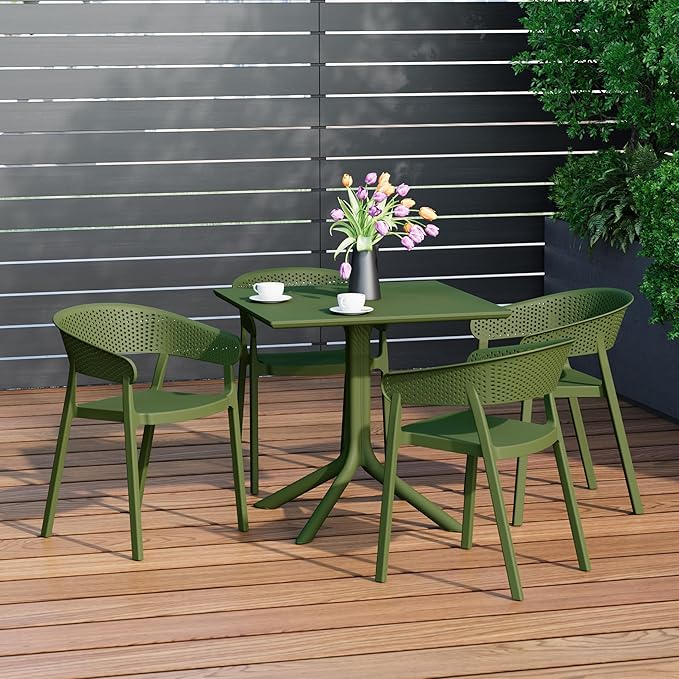 Costaelm Table Chairs Set of 4, HDPE Patio Square Dining Table and Stackable Chairs, Outdoor Small Patio Furniture Set All Weather for Backyard Porch Poolside, Olive Green