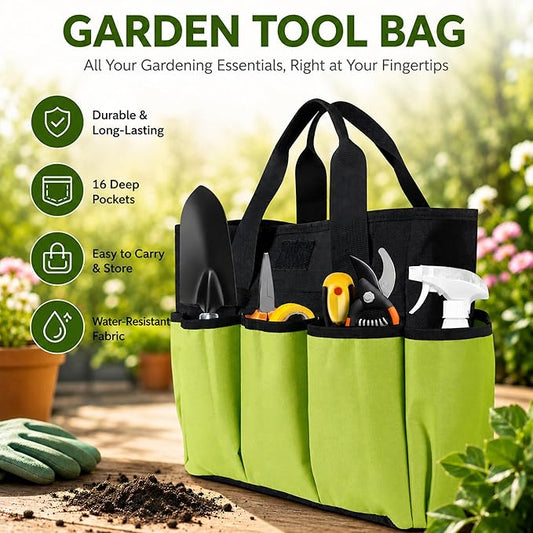 Portable Garden Tool Bag with 16 Pockets & Handle, Durable Waterproof Garden Tote Bag for women & Men, 900D Heavy Duty Gardening Tool Organizer and Storage Bags for Indoor & Outdoor