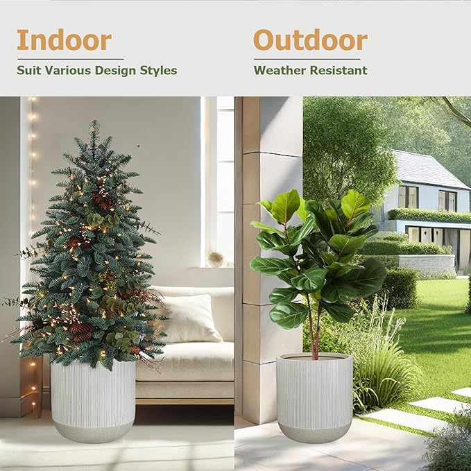 18.7" H x 16.9" D Ribbed Radius Fiberstone Round Planter with Drainage Hole, Weather Resistant for Indoor and Outdoor Use, Included 2 Extra Coco Mats (Frost Grey, 15" Pot Opening)