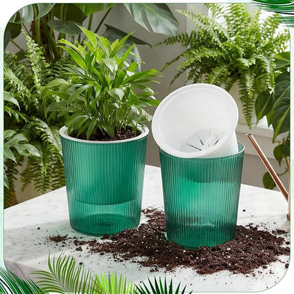 6 Pack Self Watering Pots for Indoor Plants Plastic Vertical Ribbed Semi Transparent Planters, Dual Layer Reservoir for Indoor Succulents Herbs Pothos(Green, White,4.4 x 4.9 Inch)