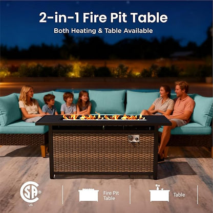 PHI VILLA 9-Piece Half Moon Patio Furniture Set with 56" Fire Pit Table, Outdoor Wicker Sectional Sofa with Aqua Blue Cushions, 2 Ottomans, Large Curved Conversation Seating for Garden or Backyard
