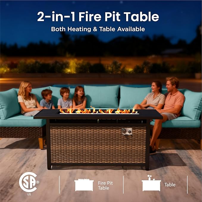 PHI VILLA 8-Piece Outdoor Sectional Patio Conversation Set with 56" Gas Fire Pit Table, Outdoor Rattan Furniture Patio Set for 7 Seats with Cushions, Blue