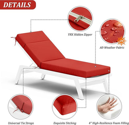 Chaise Lounge Cushion for Outdoor Furniture, Waterproof Fade and Tear Resistant Lounge Deck Chair Cushions for Patio Lawn Pool Resort Hotel