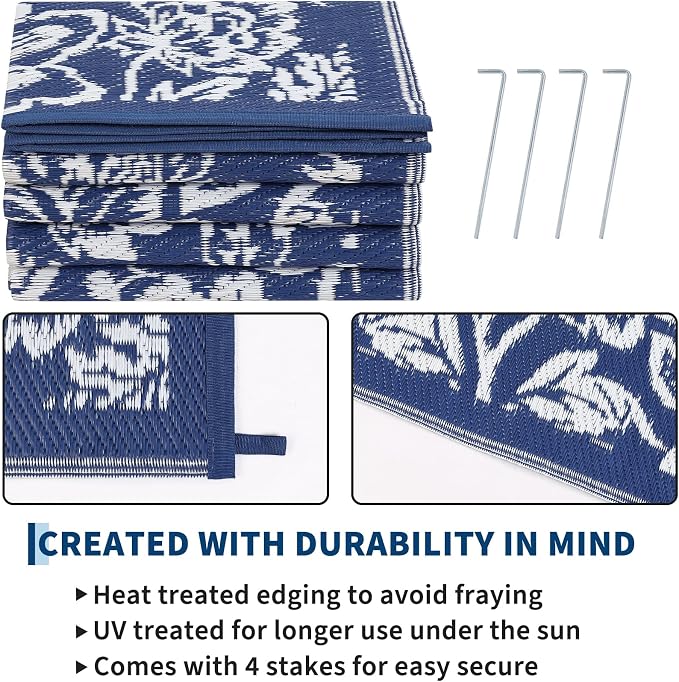 Garvee Outdoor Rugs 9' x 18’ Waterproof Reversible Mats, Large Area Plastic Straw Rug, Outside Carpet, Butterfly Floral Rv Mat for Patio Camping Picnic Backyard Deck Balcony Porch Beach Trailer