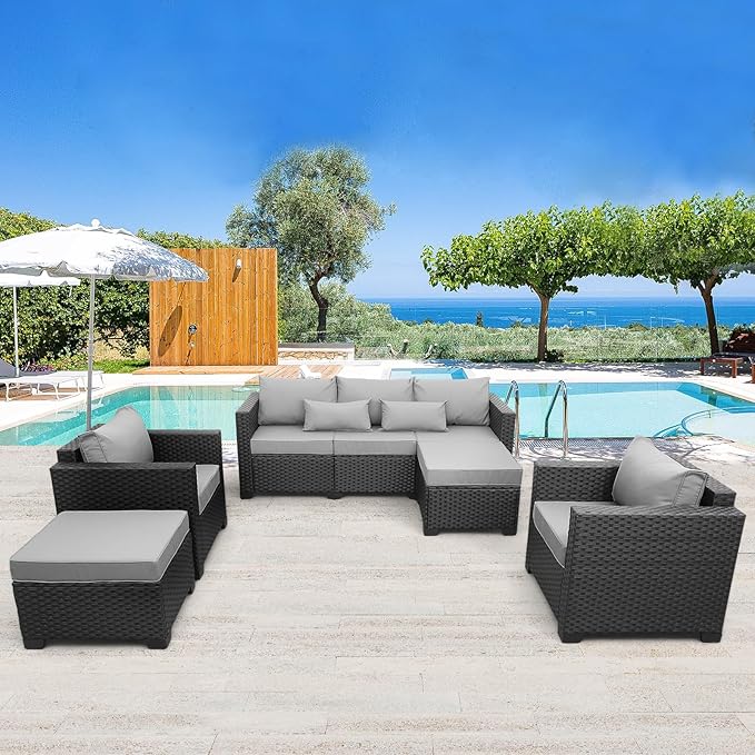 Rattaner Outdoor Wicker Furniture Couch Set 5 Pieces Patio Furniture Sectional Sofa with Grey No-Slip Cushions and Waterproof Covers