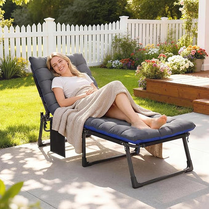Outsunny Chaise Lounge Chair Outdoor, 5-Position Reclining Pool Lounge Chair with Cushion, Side Pocket, Headrest, Folding Lounger Tanning Chair Camping Cot for Patio, Beach, Dark Gray/Blue