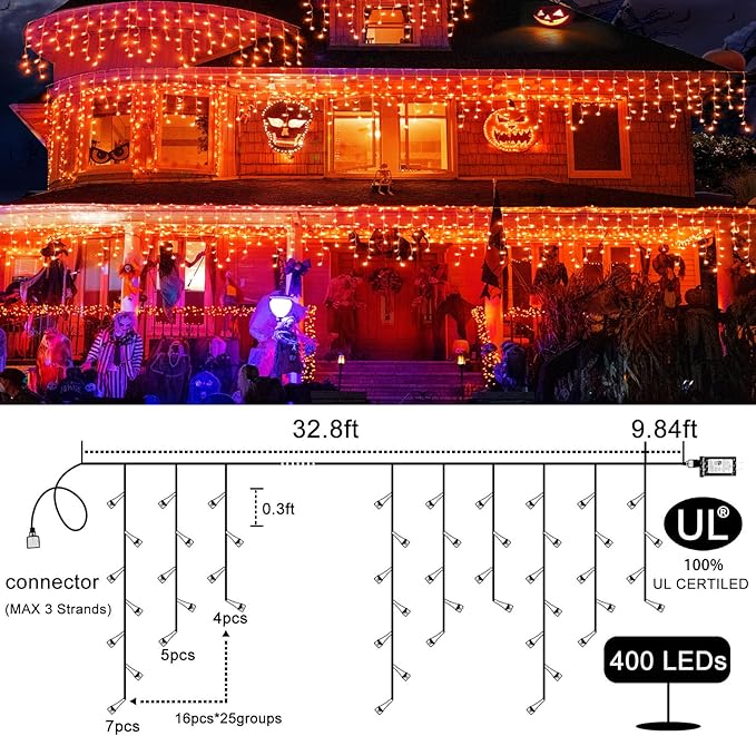 400 LED Icicle Lights for Outside 33ft Christmas Icicle Lights Outdoor 8 Modes with 75 Drops Waterproof Christmas Light Plug in for Indoor House Party Holiday Thanksgiving Decorations, Orange