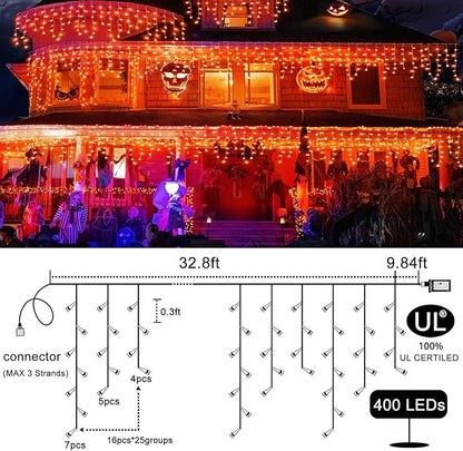 400 LED Icicle Lights for Outside 33ft Christmas Icicle Lights Outdoor 8 Modes with 75 Drops Waterproof Christmas Light Plug in for Indoor House Party Holiday Thanksgiving Decorations, Orange