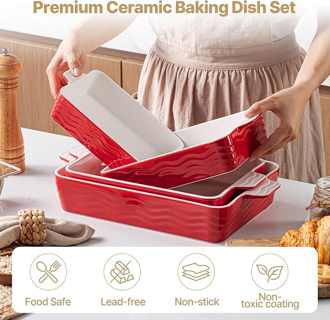 Estmoon Ceramic Baking Dishes Set of 4, Porcelain Baking Pans Set for Oven, Oven Safe and Durable Bakeware Sets Rectangular Ceramic Cookware Set with Handles for Wedding Gift,Red(7.5''/9"/10.6"/12")