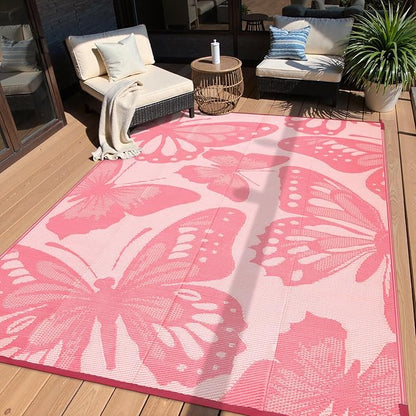 Anidaroel Pink Butterfly Outdoor Rug 6'X9' for Patios Waterproof Clearance, Reversible Plastic Straw Outside Rug, Outdoor RV Camping Rugs for Backyard, Beach, Camper, Pool Deck (Pink,6‘X9')