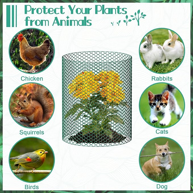 32.8ftx12In Plant Protectors from Animals,Plant Cages for Outdoor Plants,Wire Plant Protector Cage,Wire Plant Protector,Chicken Wire Cloche with Ground Stakes & Nylon Ties Protect Plants from Animals