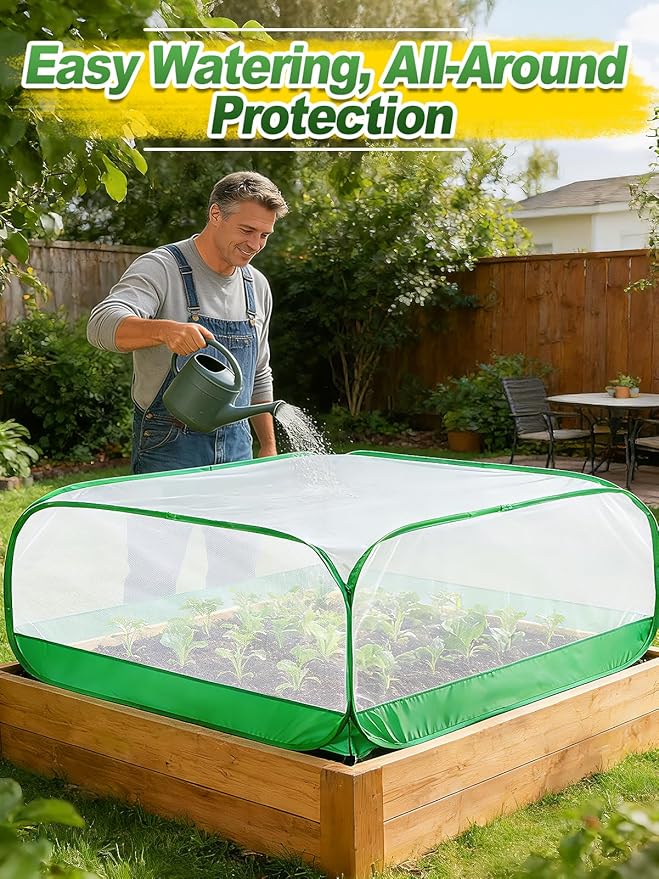 Pop Up Garden Netting for Square Raised Beds - 4'L x 4'W x 2'H Ultra Fine Mesh Net Plant Cover with 8 Stakes, Protection for Vegetables Fruit from Birds Pests