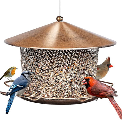 Bird Feeder for Outdoor, Weatherproof Rainproof All Metal Hanging Wild Bird Feeder with 9.8" Roof, 4.5 LBs Seeds Capacity, Easy to Clean & Refill