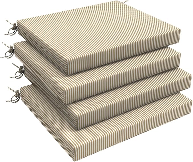 LVTXIII Outdoor Seat Cushions Seasonal Replacement Chair Cushions, Patio Chair Pads with Ties for Dining Chairs and Garden Furniture, (Square Back, 18.5"x16"x2", 4 Pack, Strip Beige)