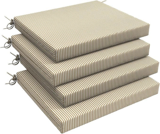 LVTXIII Outdoor Seat Cushions Seasonal Replacement Chair Cushions, Patio Chair Pads with Ties for Dining Chairs and Garden Furniture, (Square Back, 18.5"x16"x2", 4 Pack, Strip Beige)