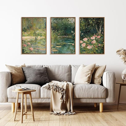 FWIEXA Monet Floral Framed Canvas Wall Art Set, Impressionist Botanical Garden Wall Decor, Vintage Ponds Tree Plant Artwork, Nature Landscape Prints for Living Room, Bedroom - Size 24"x36"x3