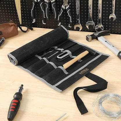 Wrench Roll Up Pouch (20 Slots), Portable Carry On Pouch Workshop Storage Woodworking Tools Organizer Bag Waxed Canvas Tool Roll & Black
