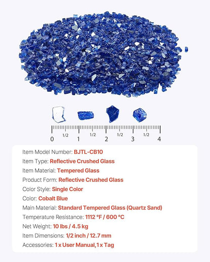 VEVOR Fire Glass, 10LBS / 4.5KG High-Temperature Resistant Fireplace Rocks, 1/2-Inch / 12.7 mm Reflective & Smokeless Firepit Glass Rock, High Luster Stone Landscaping for Fire Pit Table, Cobalt Blue