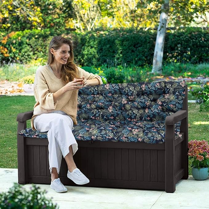 Swing Replacement Seat Cushions, 2-3 Seater Bench Cushions for Outdoor Furnitur with Backrest, Garden Recliner Seat Cushions Waterproof Sofa Pads (Leaves+Flower Pattern, 60x40in)