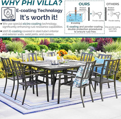 PHI VILLA 9 Pieces Outdoor Dining Table Set for 8, 60” Square Metal Dining Table & Stackable Dining Chairs, Large Dining Furniture Set for Patio, Deck, Yard, Porch